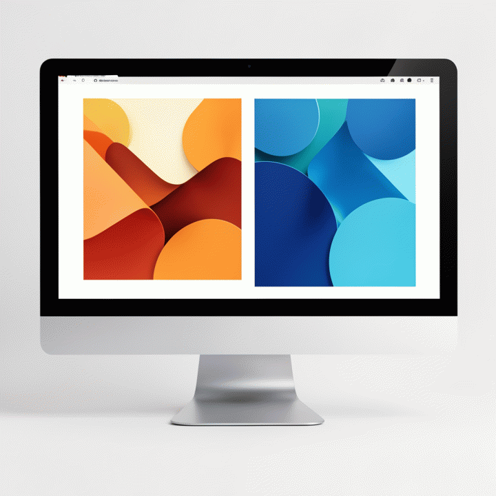 Monitor menampilkan dua desain iklan abstrak berdampingan untuk A/B testing, warna hangat dan dingin, tanpa teks terbaca.