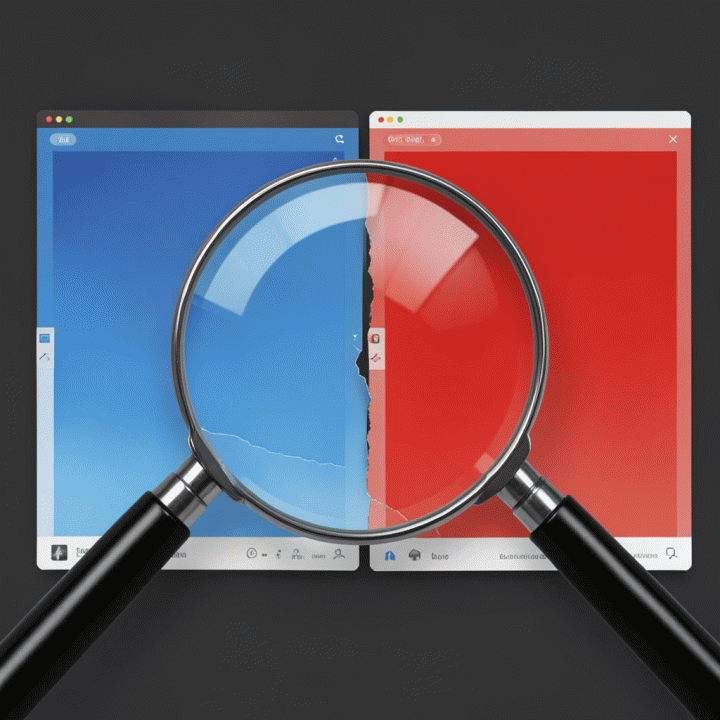 Kaca pembesar menyoroti celah antara dua tata letak iklan digital abstrak, biru dan merah, tanpa teks.