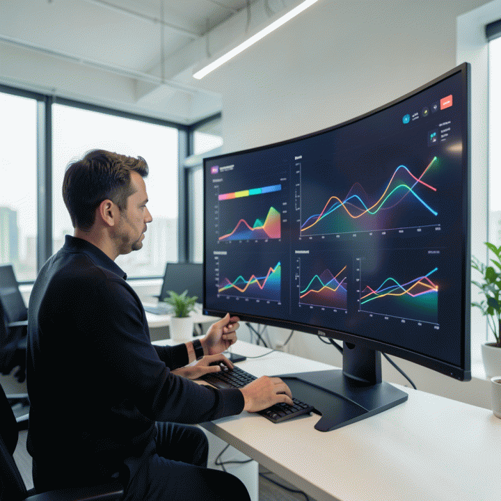 Seorang profesional pemasaran digital menganalisis dashboard data abstrak di monitor besar, tanpa teks atau angka, pencahayaan sinematik.