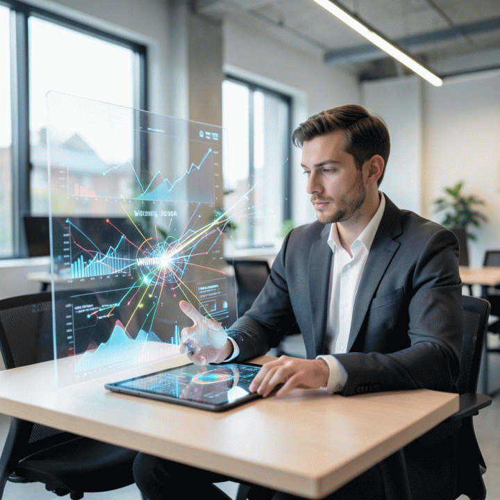 Digital marketing manager menganalisis data kompleks pada layar holografik untuk menemukan insight copywriting iklan yang efektif.