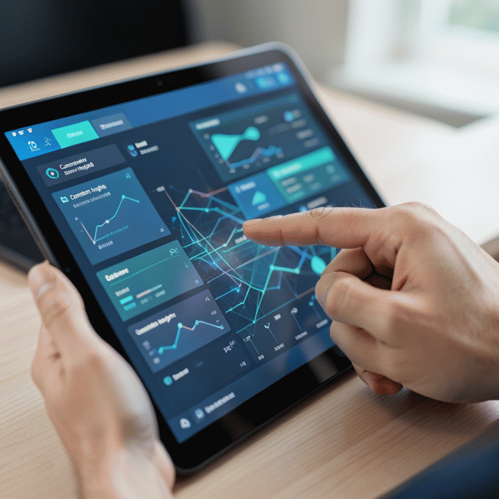 Tangan seorang profesional berinteraksi dengan dashboard data digital yang abstrak, menunjukkan proses analisis data menjadi insight.