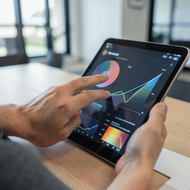 Tangan seorang profesional sedang menganalisis visualisasi data pasar yang abstrak pada tablet, menemukan insight penting.