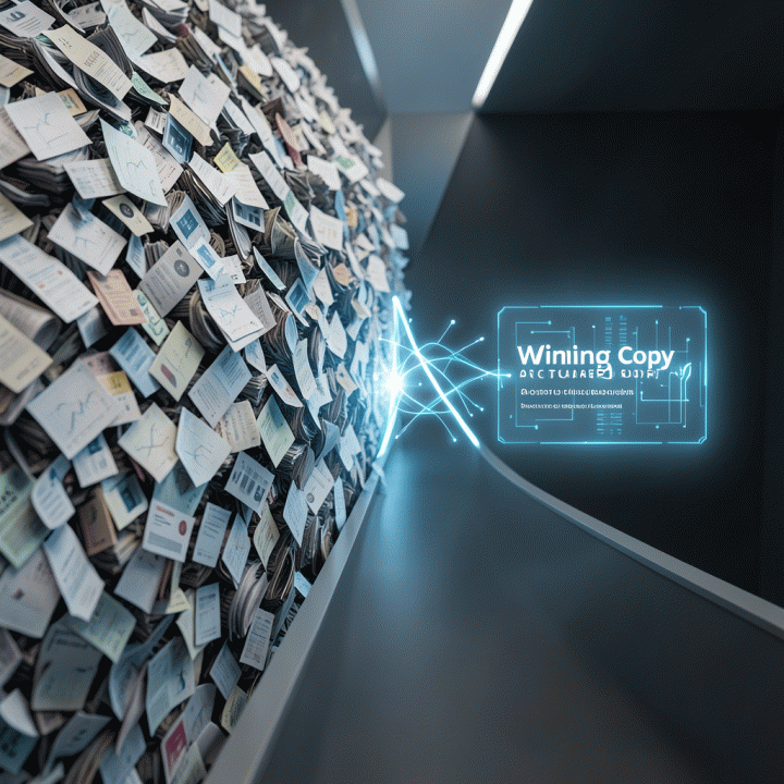 Visualisasi konseptual yang menunjukkan proses mengubah data pasar yang kacau menjadi strategi copywriting iklan yang jernih dan pemenang.