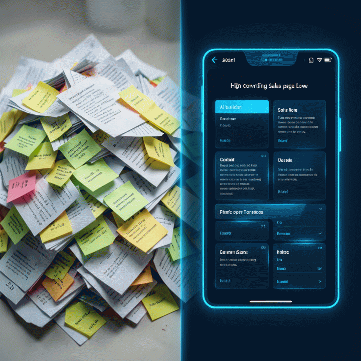 Representasi visual perbandingan antara proses pembuatan landing page yang rumit dan manual, dengan proses yang cepat dan otomatis menggunakan AI.