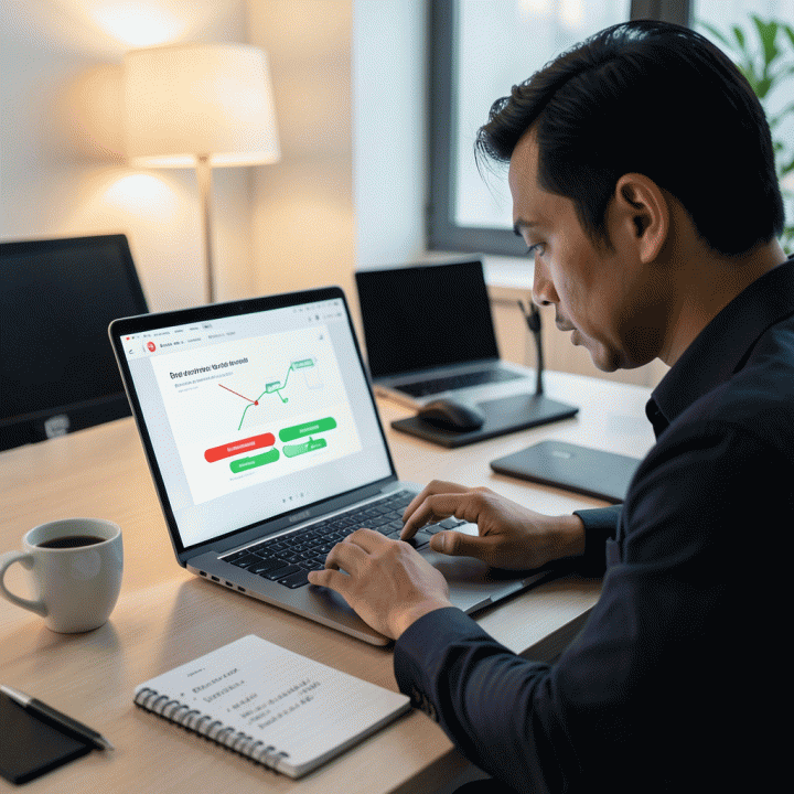 Seorang pemilik bisnis digital profesional di Indonesia sedang fokus pada laptop yang menampilkan alur sales page konversi tinggi, menyoroti fokus pada masalah pelanggan (pain point) dan solusi.