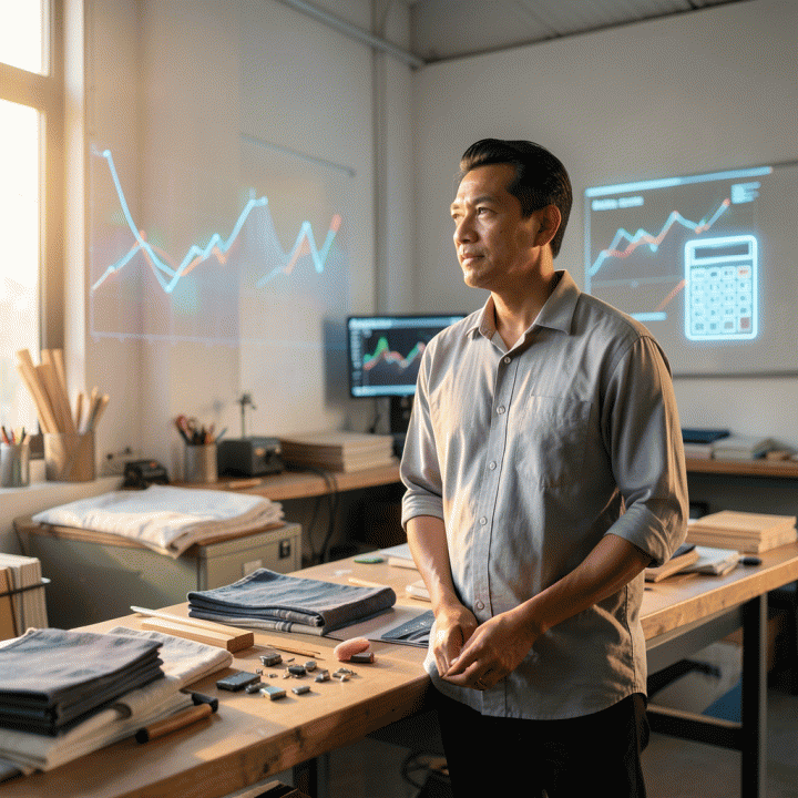 Seorang pemilik UMKM di ruang kerja manufaktur modern, menganalisis biaya dan menentukan harga jual optimal menggunakan konsep Cost-Based Pricing, menunjukkan suasana profitabilitas dan perencanaan bisnis yang cermat.