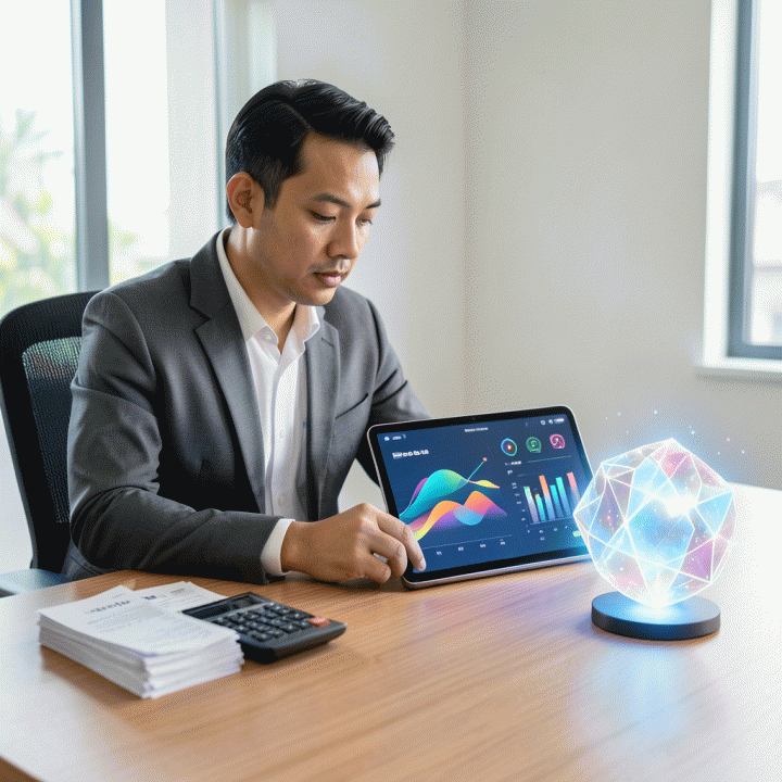 Seorang pemilik UMKM profesional sedang menganalisis dua konsep penetapan harga (Cost-Plus dan Value-Based) di meja kerja modern, menunjukkan proses pengambilan keputusan strategis untuk memaksimalkan keuntungan.