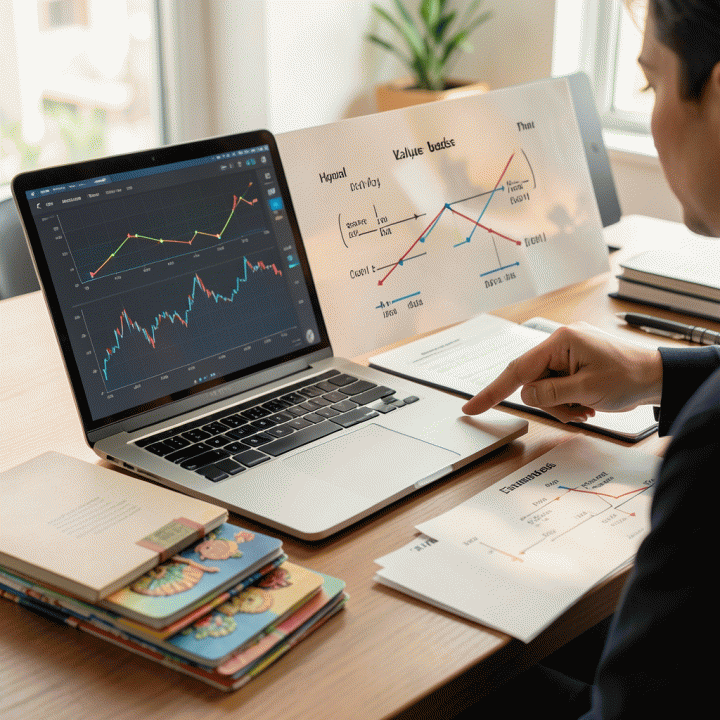 Ilustrasi sinematik seorang pemilik UMKM di meja kerjanya, sedang membandingkan dua model penetapan harga (Cost-Plus vs Value-Based) menggunakan diagram keuangan abstrak di laptop, menunjukkan strategi bisnis yang cerdas.