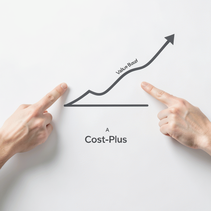 Perbandingan visual dua strategi penetapan harga: Cost-Plus (garis lurus) versus Value-Based (kurva naik), menunjukkan pilihan strategi harga optimal.