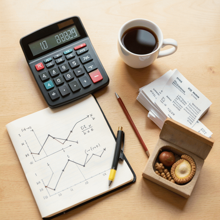 Foto flat lay meja kerja UMKM yang menampilkan elemen keuangan bisnis seperti kalkulator, buku catatan berisi grafik, dan sampel produk, melambangkan perencanaan harga dan strategi bisnis yang akurat.
