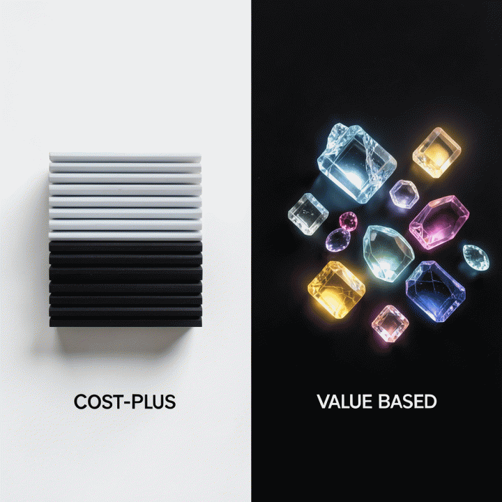 Perbandingan visual antara Cost-Plus Pricing (biaya) dan Value-Based Pricing (nilai) yang disajikan secara artistik dan kontras.