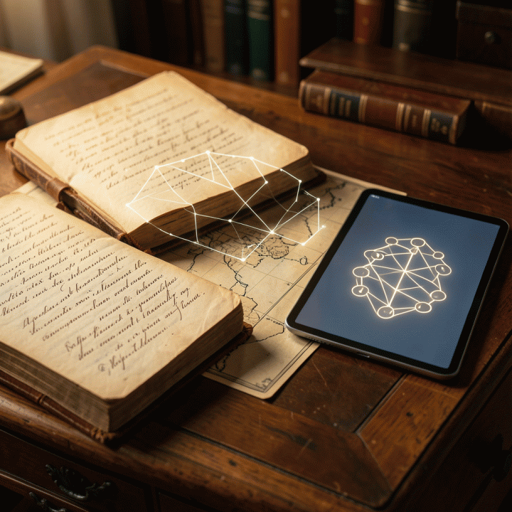 Komposisi meja antik yang elegan dengan buku silsilah kuno, peta Indonesia, dan diagram pohon keluarga digital yang bersinar, melambangkan pelestarian warisan sejarah keluarga.