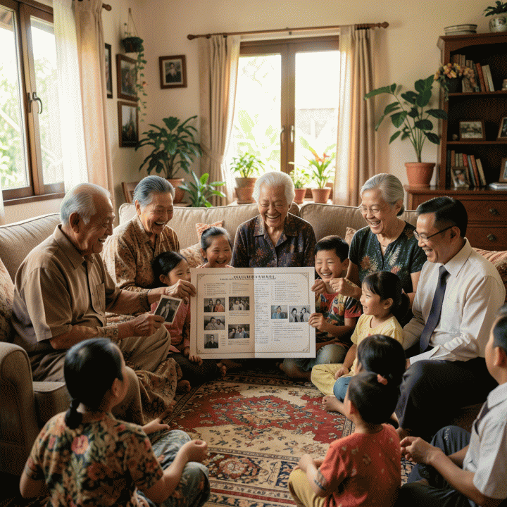 Keluarga Indonesia lintas generasi yang merayakan hari jadi bersama, fokus pada kehangatan dan koneksi sejarah.