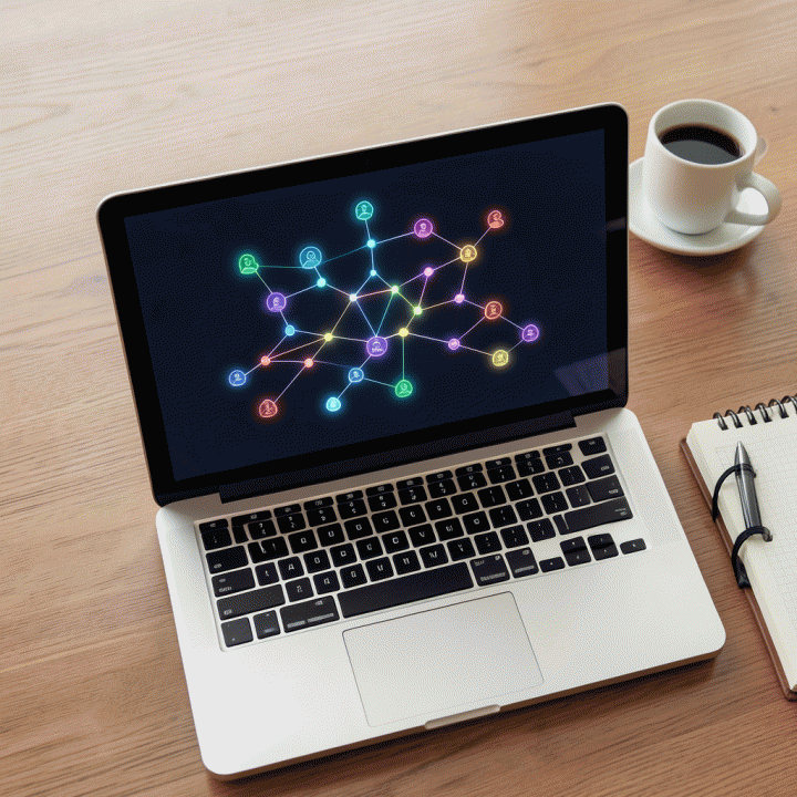 Tampilan laptop modern dengan diagram pohon keluarga digital yang abstrak, menunjukkan koneksi antar generasi.