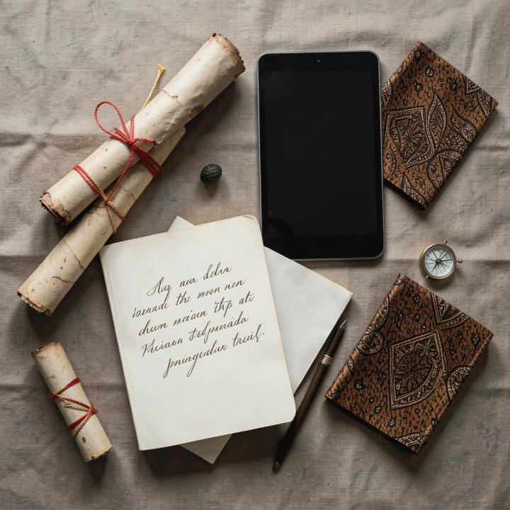 Foto flat lay yang menampilkan perpaduan benda-benda warisan tradisional Indonesia (gulungan perkamen, batik) dengan teknologi modern (tablet), melambangkan dokumentasi sejarah keluarga.