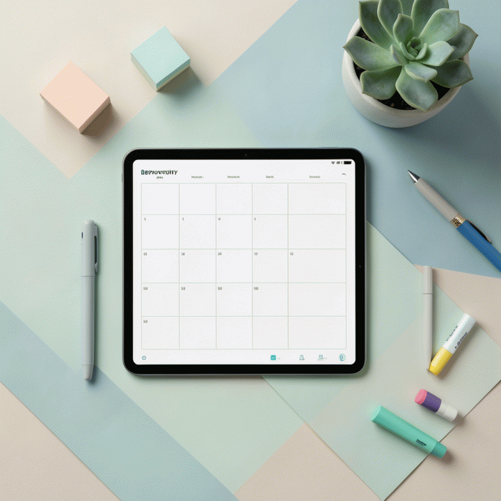 Flat lay foto yang menampilkan suasana produktivitas digital dengan planner harian di tablet, alat tulis minimalis, dan elemen dekorasi estetik yang menenangkan.