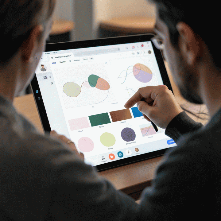 Pandangan dari belakang bahu pengguna yang sedang mengkustomisasi tampilan template daily planner digital di aplikasi desain.