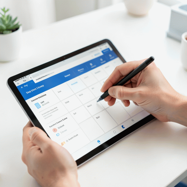 Tangan sedang berinteraksi dengan tablet yang menampilkan template daily planner digital yang interaktif dan siap dikustomisasi.