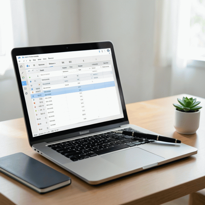 Tampilan meja kerja kantor yang bersih dan terorganisir dengan laptop terbuka menampilkan spreadsheet pelacakan waktu harian, dihiasi pena mewah dan catatan, melambangkan peningkatan produktivitas.