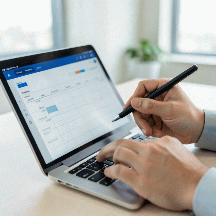 Tangan profesional sedang mengisi data pelacakan waktu di template digital pada laptop, menunjukkan aksi pencatatan harian yang terperinci.