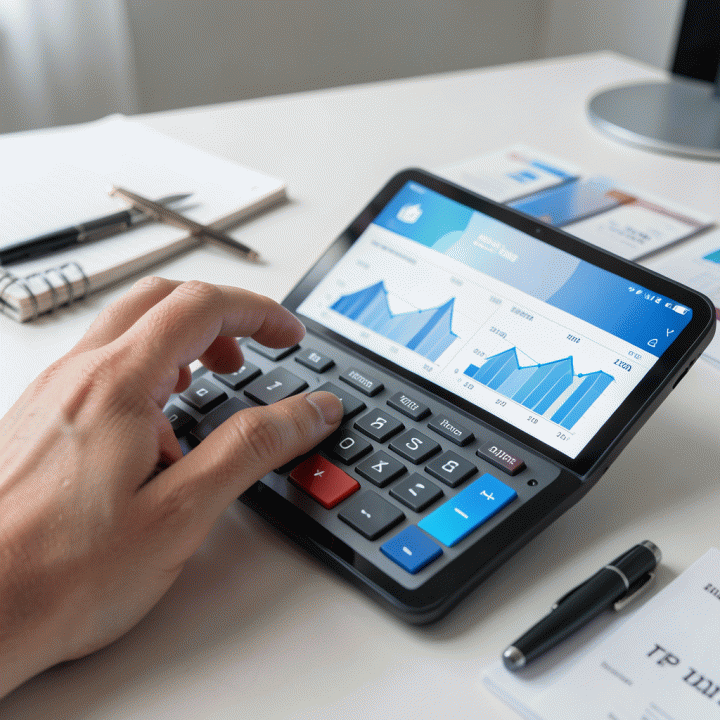 Tangan sedang menghitung data keuangan menggunakan kalkulator digital atau tablet, melambangkan perhitungan HPP dan biaya operasional.