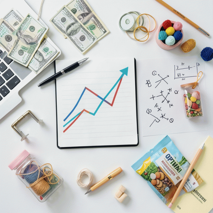 Tata letak flat lay yang menampilkan alat-alat bisnis dan konsep keuangan, menyoroti penentuan harga jual optimal dan profitabilitas.
