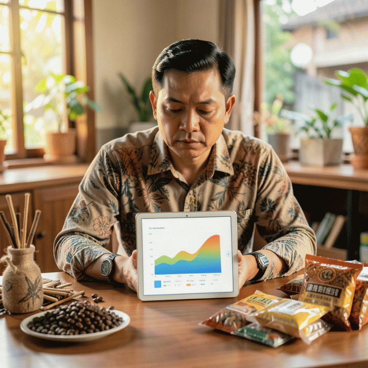 Pemilik UMKM Indonesia di meja kerjanya, meninjau data keuangan abstrak di tablet sambil dikelilingi produk kerajinan, melambangkan perhitungan harga jual yang akurat.
