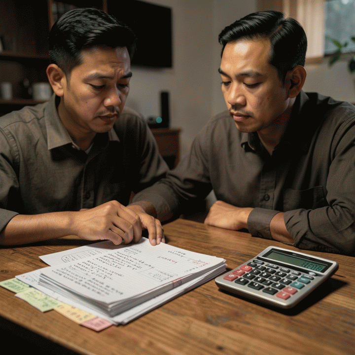 Seorang pemilik UMKM Indonesia sedang menganalisis catatan keuangan dan kalkulator di meja kayu, memikirkan strategi penentuan harga jual yang tepat untuk memaksimalkan profit bisnisnya.