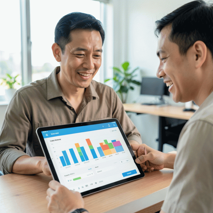 Pemilik usaha UMKM sedang melihat dashboard keuangan digital di tablet yang menampilkan visualisasi biaya dan pendapatan dalam bentuk grafik sederhana, menunjukkan strategi penentuan harga jual optimal.