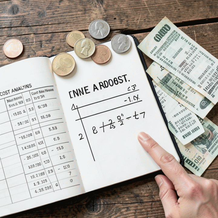 Tampilan datar (flat lay) alat-alat perhitungan bisnis: buku catatan dengan kolom biaya, koin, dan struk yang menunjukkan proses analisis HPP secara akurat.