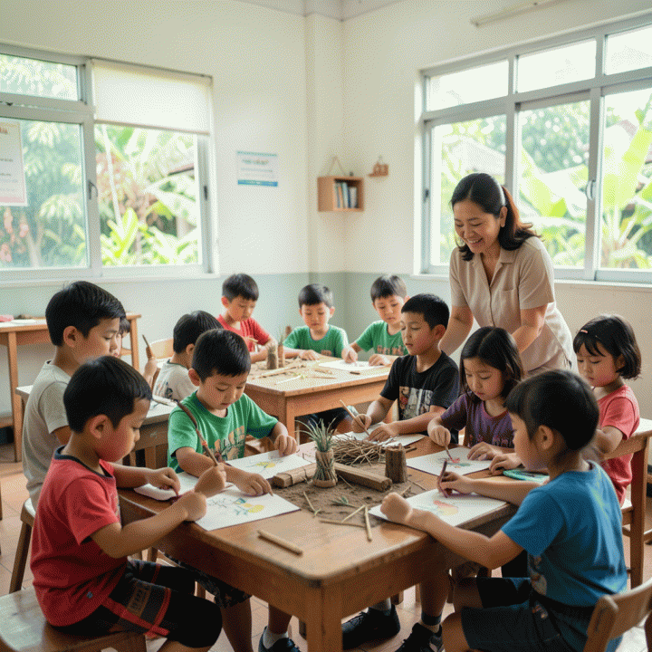 Sekelompok siswa sekolah dasar Indonesia yang bersemangat melakukan kegiatan belajar interaktif dan hands-on di dalam kelas yang cerah, jauh dari layar digital.