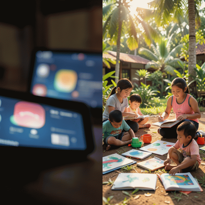 Visualisasi kontras antara paparan layar digital yang berlebihan dan aktivitas belajar interaktif di alam terbuka.
