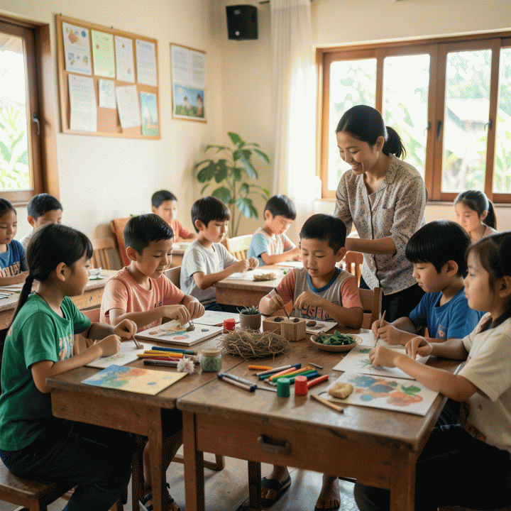 Kelas SD di Indonesia yang hangat dan interaktif, menunjukkan siswa belajar secara kolaboratif menggunakan alat peraga fisik dan berinteraksi dengan guru, menekankan pembelajaran non-digital.