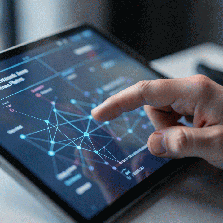 Tangan berinteraksi dengan antarmuka digital abstrak yang menunjukkan transformasi ide mentah menjadi rencana bisnis terstruktur menggunakan AI.