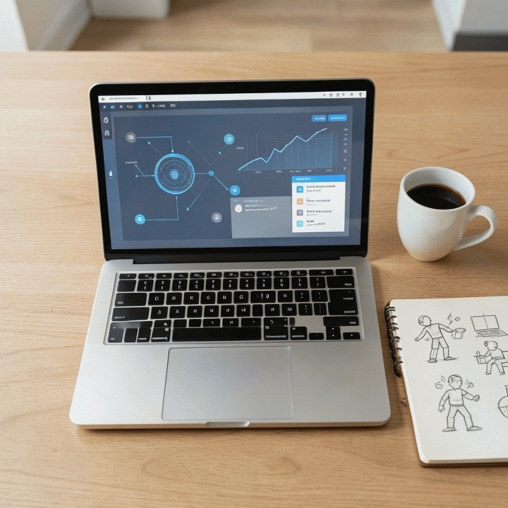 Tampilan atas laptop dengan dashboard AI abstrak dan buku catatan sketsa, melambangkan proses riset pasar dan pengembangan ide bisnis digital.