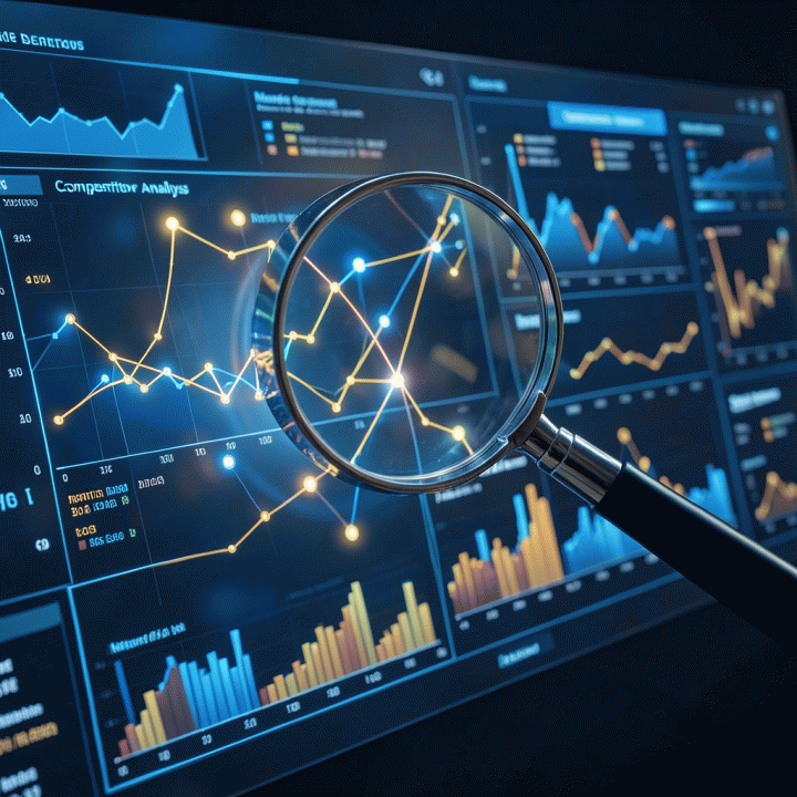 Cinematic visualization of complex data analysis workflow for market strategy and competitor analysis.