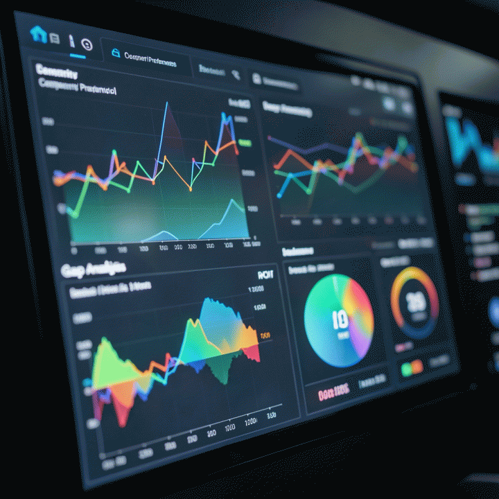 Digital dashboard interface showing market data visualizations and competitor performance metrics.