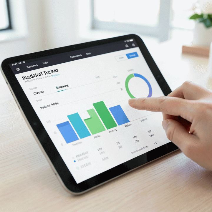 Close-up dashboard pengontrol budget pernikahan digital, menampilkan visualisasi pengeluaran yang terstruktur.