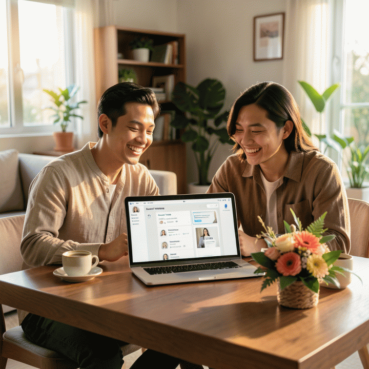 Pasangan pengantin muda Indonesia yang tersenyum di meja kerja, meninjau dashboard perencanaan pernikahan digital yang bersih dan terorganisir, melambangkan perencanaan yang tenang dan anti-stres.