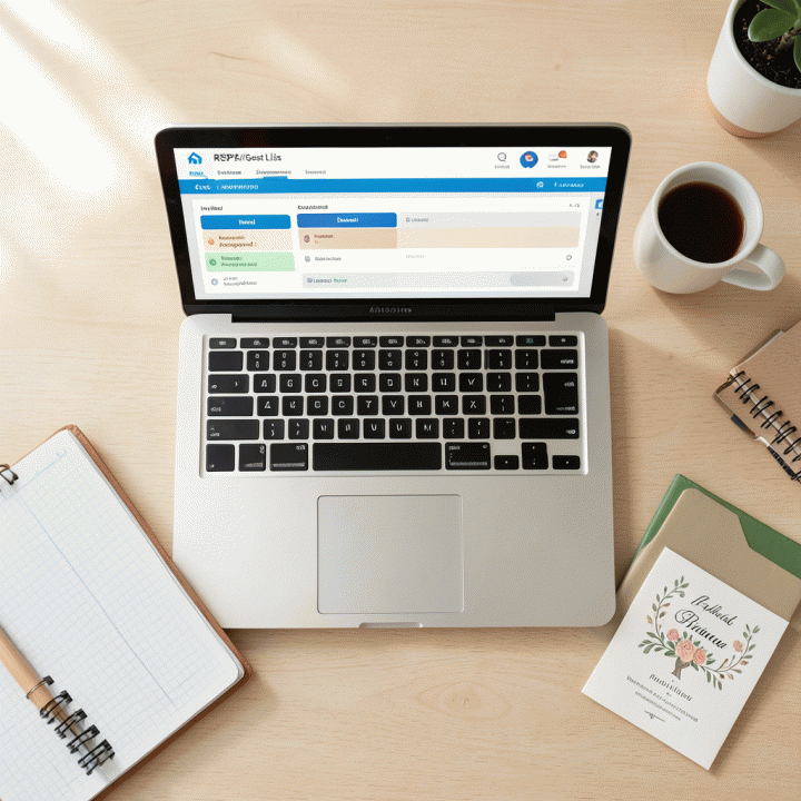 Tampilan atas (flat lay) meja kerja yang rapi dengan dashboard manajemen tamu dan daftar RSVP digital, menunjukkan koordinasi data yang terpusat.