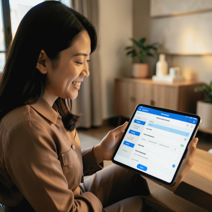 Calon pengantin Indonesia yang menggunakan tablet untuk mengelola daftar tamu dan RSVP pernikahan dengan mudah, menunjukkan sistem manajemen data terpusat.