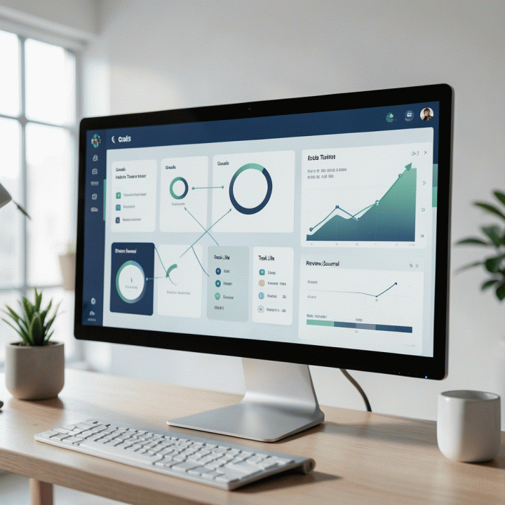 Tampilan dashboard produktivitas pribadi yang canggih dan minimalis di layar monitor besar, menampilkan berbagai widget untuk melacak tujuan, kebiasaan, tugas harian, dan proyek dalam satu tampilan terpadu.