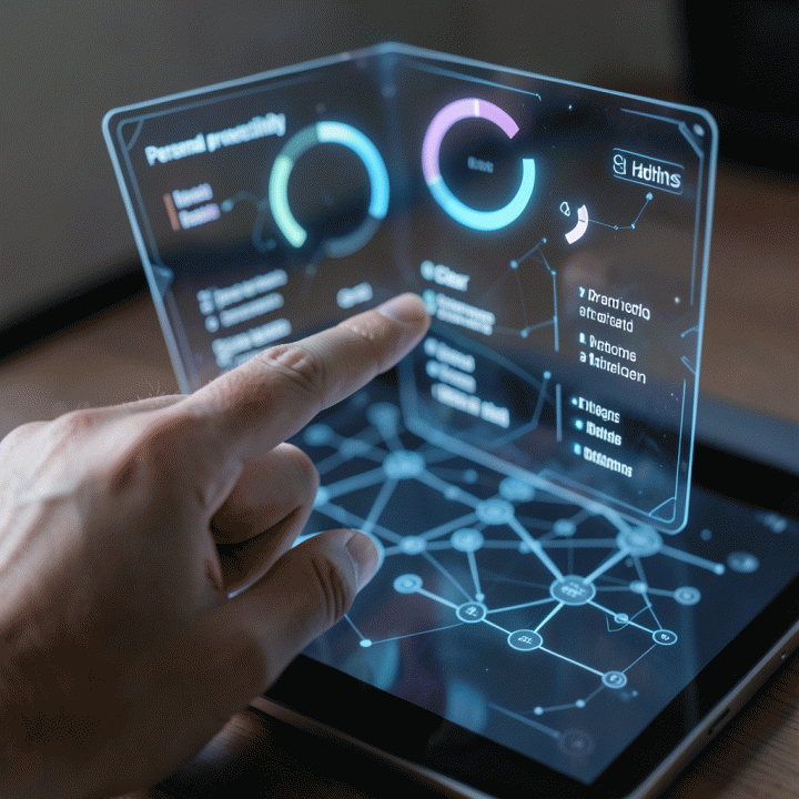 Tangan yang berinteraksi dengan antarmuka digital holografik yang menampilkan berbagai metrik produktivitas, seperti pelacak kebiasaan dan tujuan.