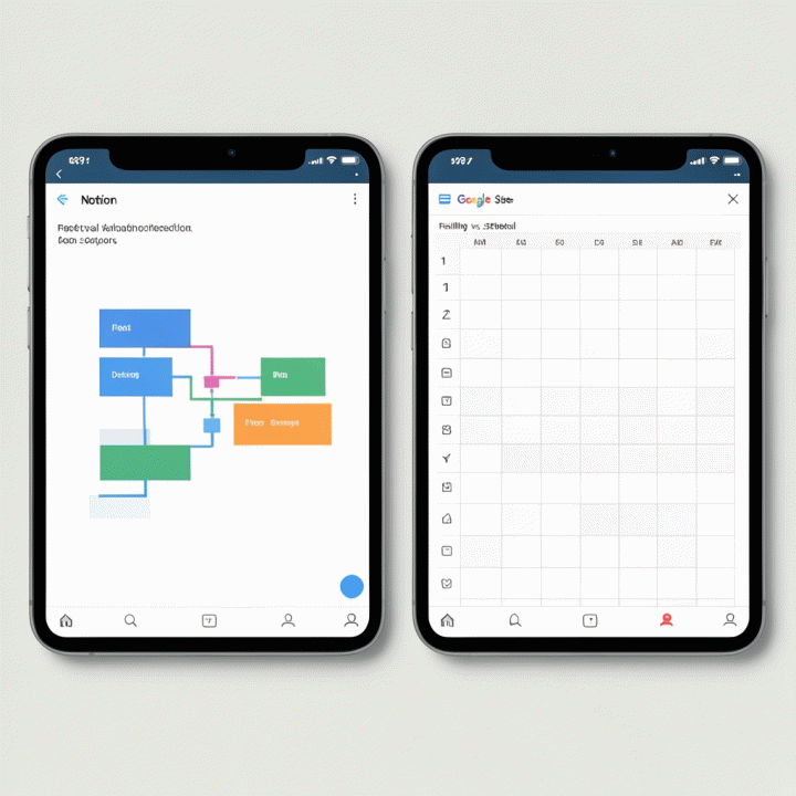 Perbandingan visual antara struktur desain dashboard menggunakan platform Notion dan Google Sheets/Excel, menunjukkan keunggulan layout masing-masing tanpa teks yang bisa dibaca.