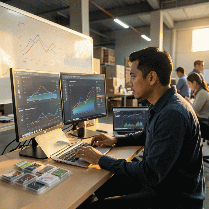 Seorang penjual e-commerce profesional di Indonesia yang sedang menganalisis data penjualan kompleks pada setup monitor multi-layar, melambangkan strategi optimasi bisnis Shopee menggunakan analitik data.