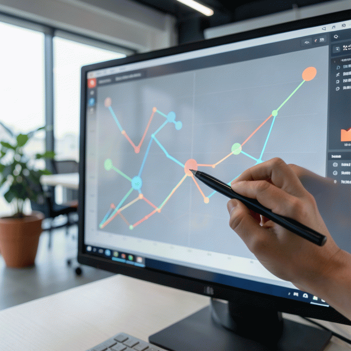 Tangan yang sedang berinteraksi dengan dasbor analitik data yang kompleks dan abstrak, menunjukkan proses analisis data tingkat lanjut untuk bisnis e-commerce.