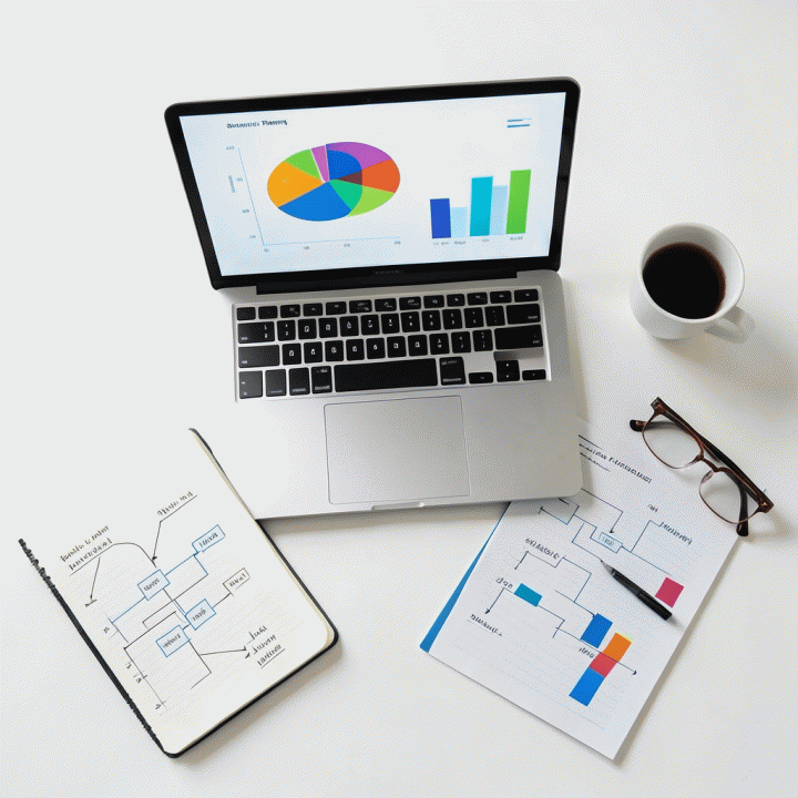 Tampilan dari atas meja kerja yang berisi laptop dengan visualisasi data abstrak, buku catatan, dan alat tulis, melambangkan perencanaan strategi bisnis yang matang.