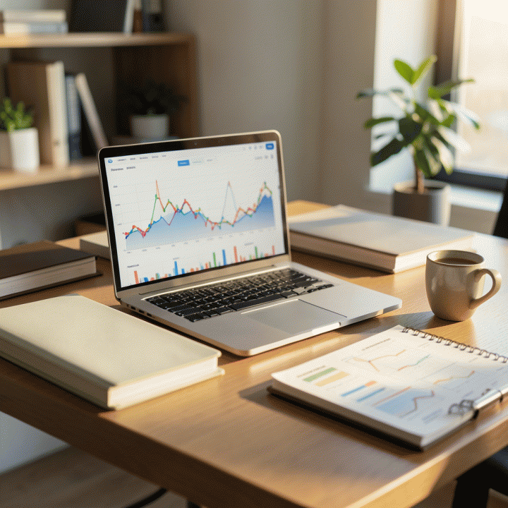 Meja kerja rumah modern yang menampilkan laptop dengan grafik analitik bisnis dan perlengkapan perencanaan untuk optimasi usaha online.