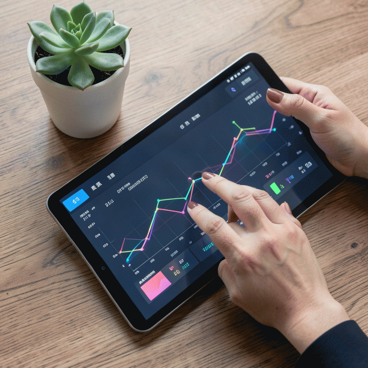 Tangan berinteraksi dengan dashboard analitik abstrak di tablet yang menunjukkan data bisnis komprehensif.