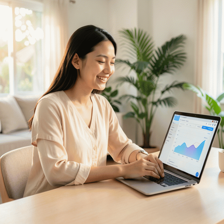 Seorang pengusaha wanita Indonesia bekerja dari rumah dengan laptop yang menampilkan dashboard penjualan online.